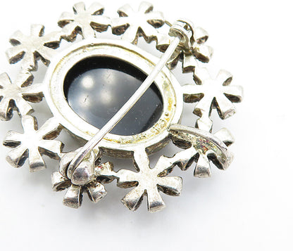 925 Silver  Vintage Mother Of Pearl & Black Onyx Cameo Brooch Pin  BP2587