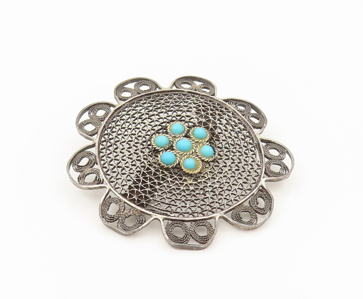 ISRAEL 925 Silver  Vintage Turquoise Flower Wire Mesh Brooch Pin  BP10286