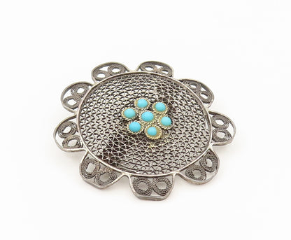 ISRAEL 925 Silver  Vintage Turquoise Flower Wire Mesh Brooch Pin  BP10286