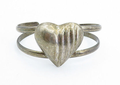 MEXICO 925 Sterling Silver - Vintage Dark Tone Love Heart Cuff Bracelet - BT2046