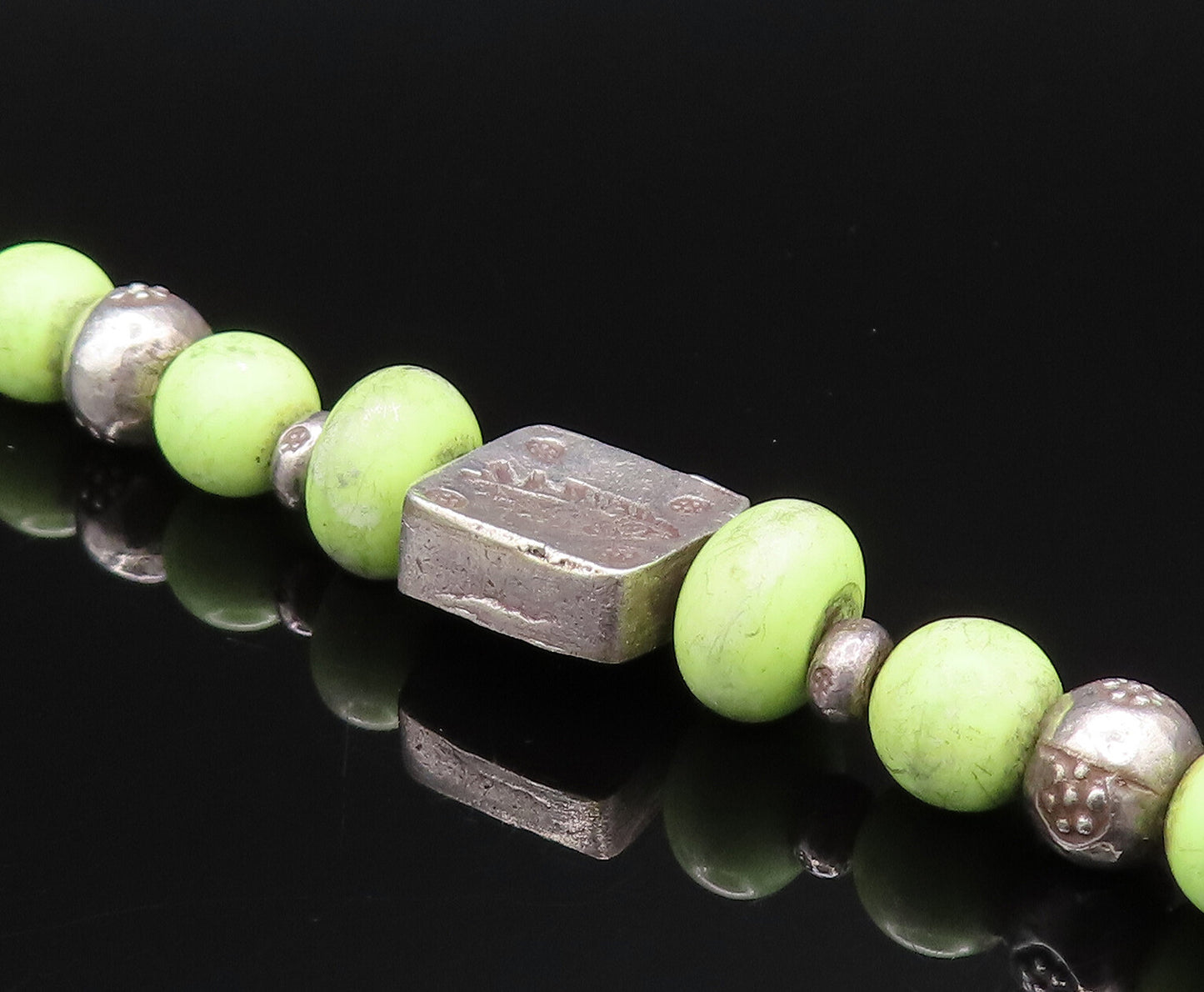 925 Silver  Vintage Green Turquoise Beads & Engraved Fish Bracelet  BT9673