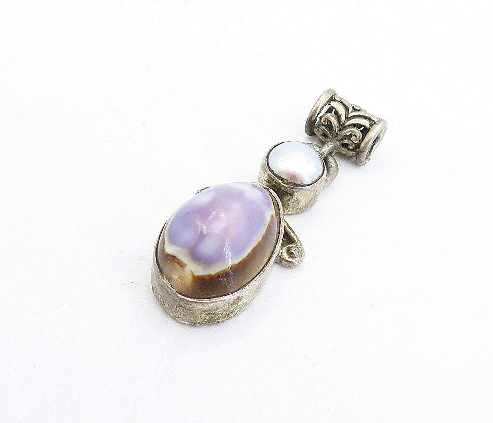 925 Sterling Silver  Vintage Pearl & Agate Swirl Detail Drop Pendant  PT3512