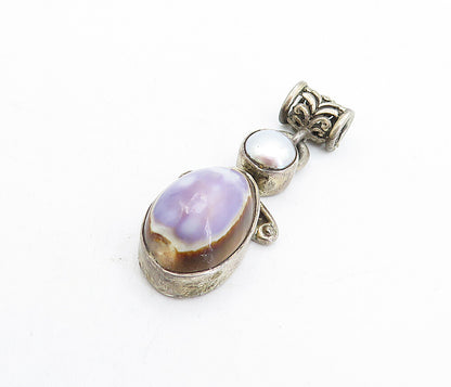 925 Sterling Silver  Vintage Pearl & Agate Swirl Detail Drop Pendant  PT3512