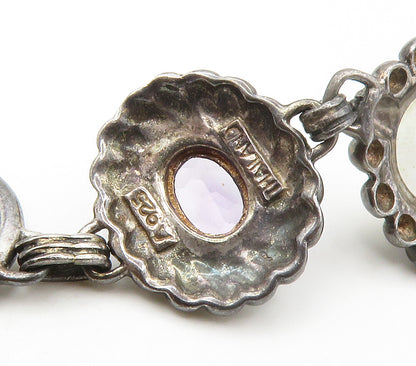 925 Silver  Vintage Mother Of Pearl Amethyst & Topaz Chain Bracelet  BT5975