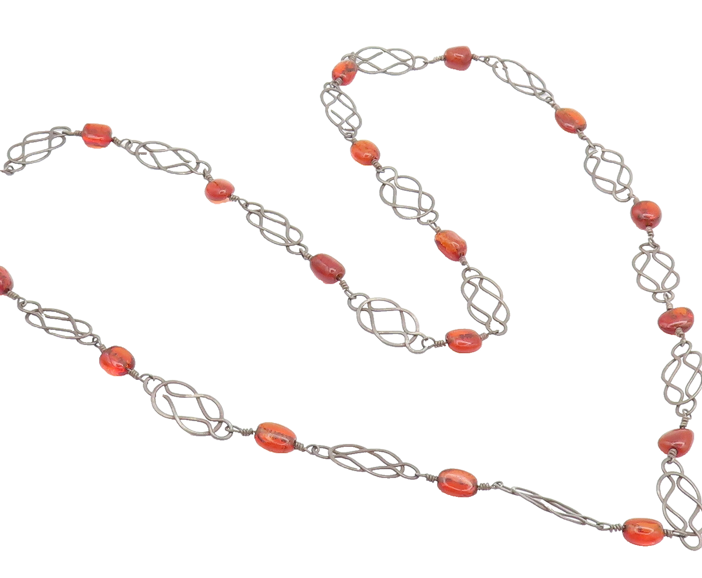 925 Sterling Silver  Vintage Swirly Stencil Cut Amber Beaded Necklace  NE4219