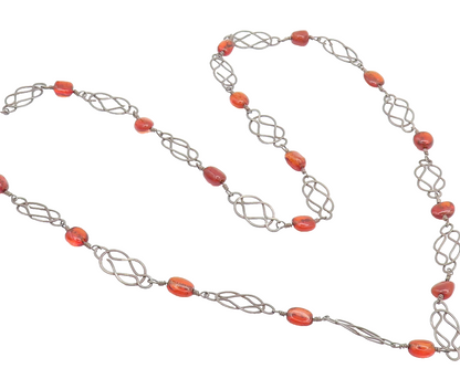 925 Sterling Silver  Vintage Swirly Stencil Cut Amber Beaded Necklace  NE4219