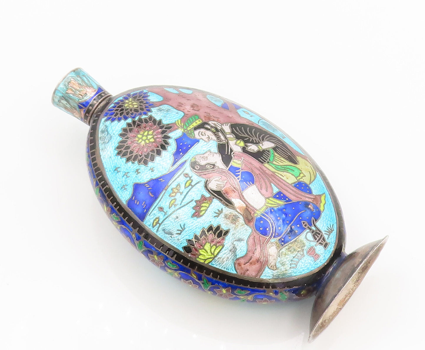 Solid Silver Vintage Enamel Painted Royal Lovers in Garden Flask TR3647