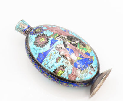 Solid Silver Vintage Enamel Painted Royal Lovers in Garden Flask TR3647