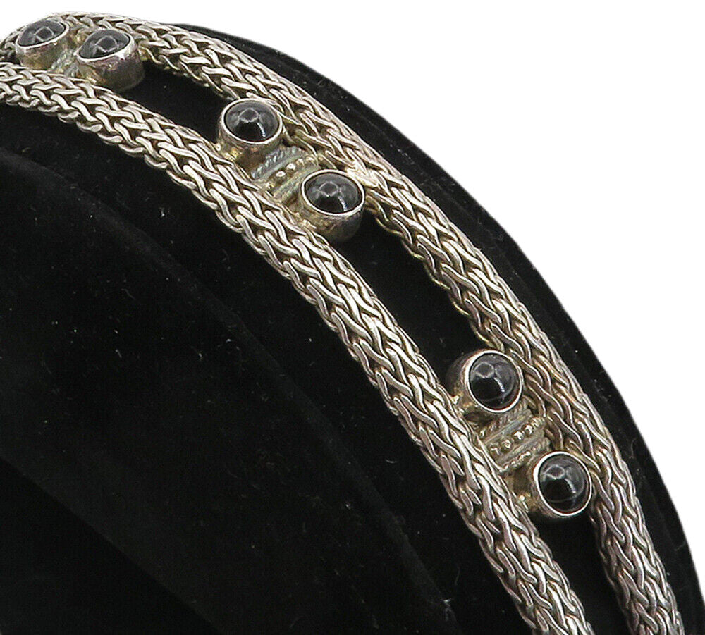 925 Sterling Silver  Vintage Cabochon Black Onyx Wheat Chain Bracelet  BT3994