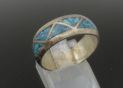 SOUTHWESTERN 925 Silver Vintage Turquoise Pattern Band Ring Sz 8 RG22895