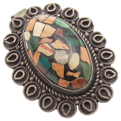 925 Sterling Silver Vintage Brooch Pin Multi gemstone Scalloped Border  BP12644