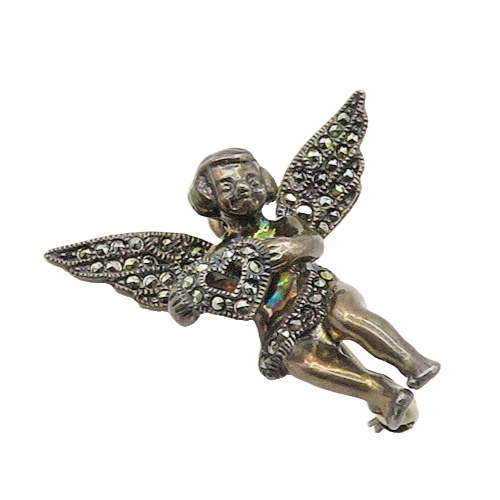 JUDITH JACK 925 Silver  Vintage Marcasite Baby Angel Cupid Brooch Pin  BP7767