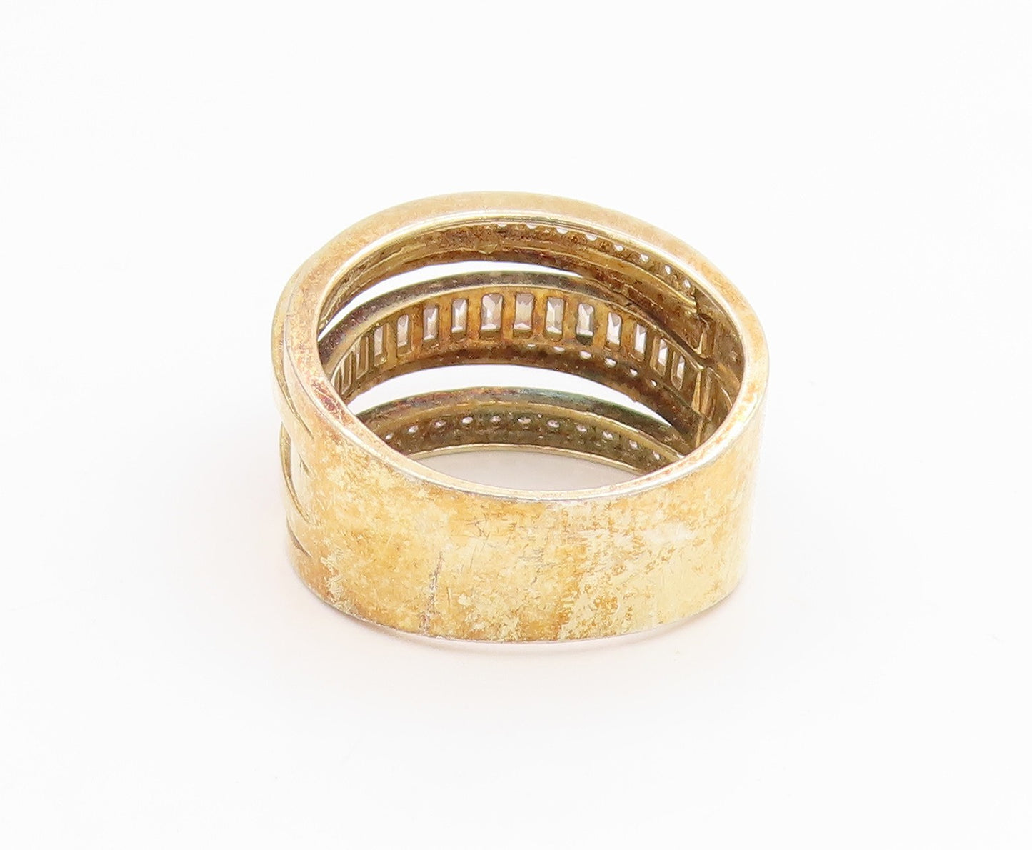 925 Sterling Silver Vintage Ring Gold Plated Multirow CZ Wide Band Sz 7 RG35689