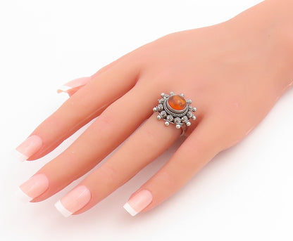 925 Sterling Silver Vintage Ring Round Cabochon Amber Floral Band  Sz 7  RG33799