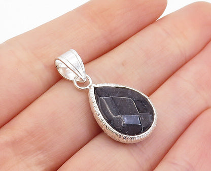 925 Sterling Silver  Faceted Sapphire Shiny Etched Tear Drop Pendant  PT3122