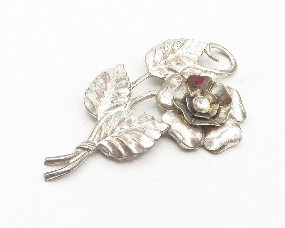925 Sterling Silver  Vintage Shiny Sculpted Flower Motif Brooch Pin  BP4385