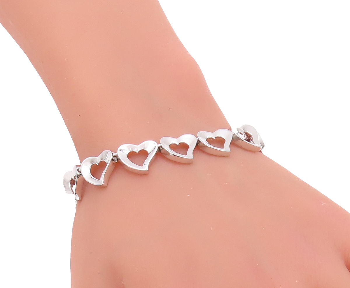 925 Sterling Silver Vintage Bracelet Linked Cutout Hearts Toggle Lock  BT11273