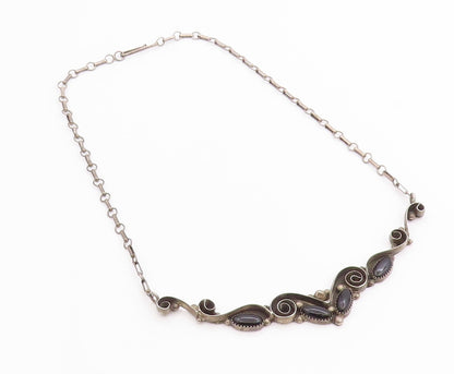 925 Sterling Silver Vintage Necklace SOUTHWESTERN Antique Onyx Swirls NE4596