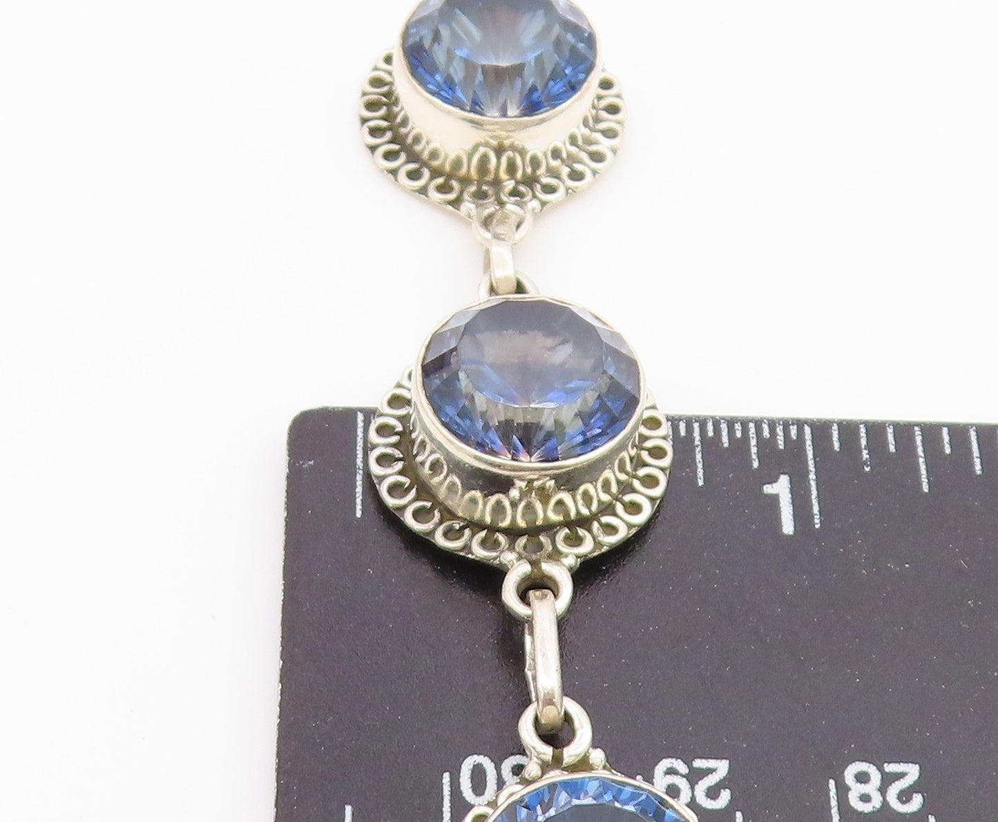 925 Sterling Silver Faceted Blue Topaz Shiny Floral Chain Bracelet BT3815