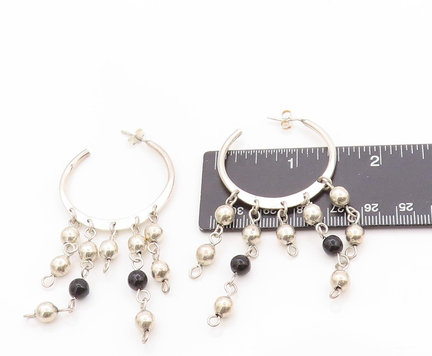 925 Sterling Silver Vintage Earrings MEXICO Dangling Beads & Onyx Hoops  EG13576