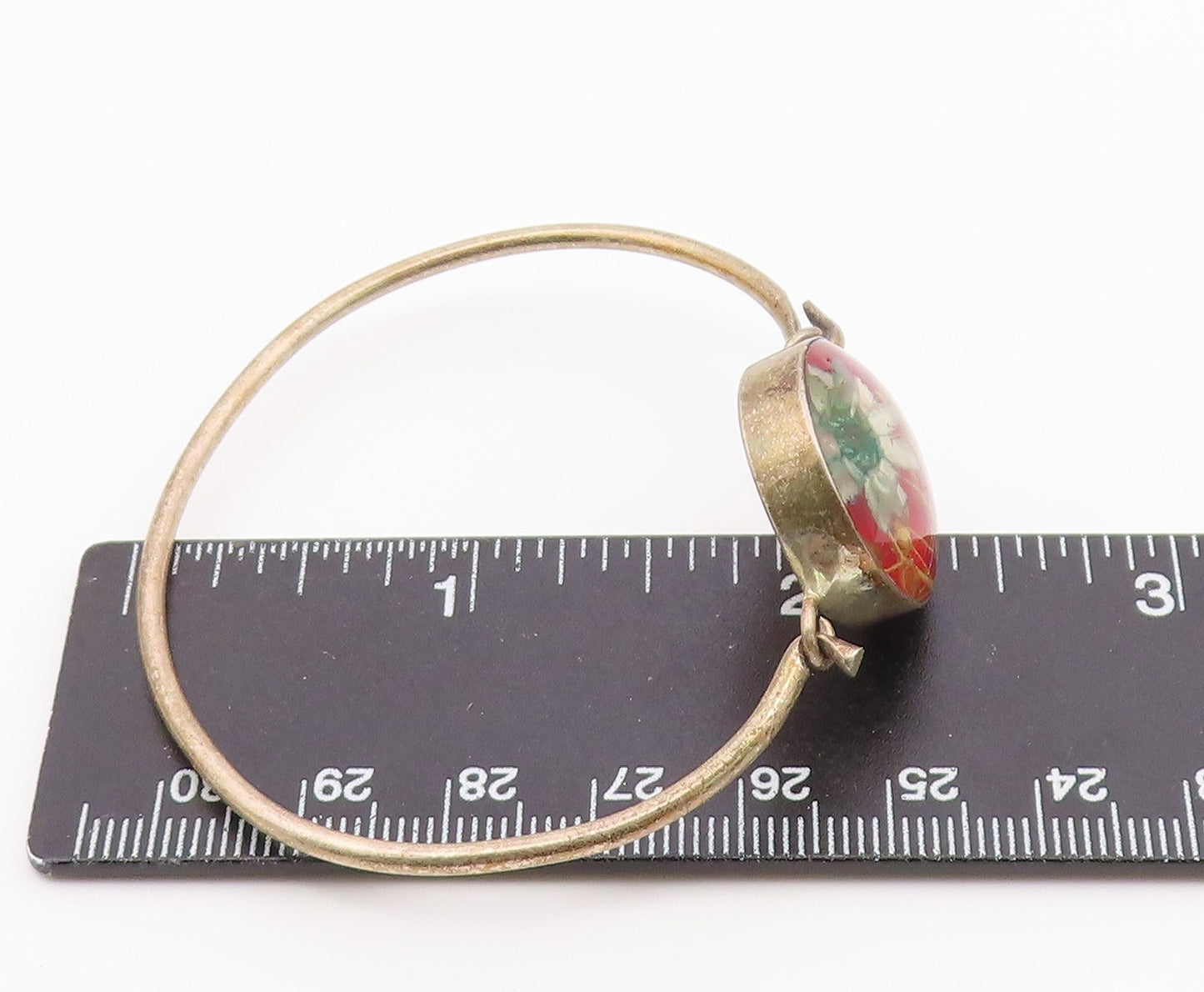 925 Sterling Silver  Vintage Flower Glass Art Bangle Bracelet  BT9652