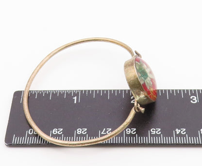 925 Sterling Silver  Vintage Flower Glass Art Bangle Bracelet  BT9652