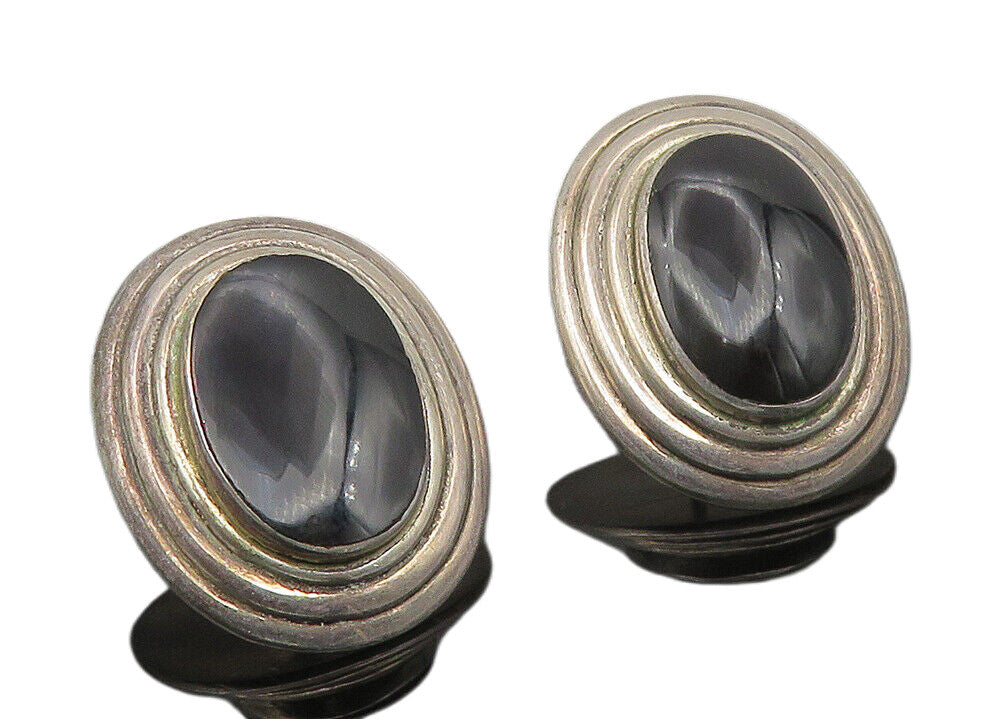 925 Sterling Silver  Vintage Inlaid Black Onyx Oval Dome Drop Earrings  EG5551