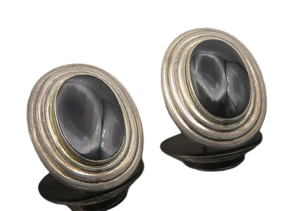925 Sterling Silver  Vintage Inlaid Black Onyx Oval Dome Drop Earrings  EG5551