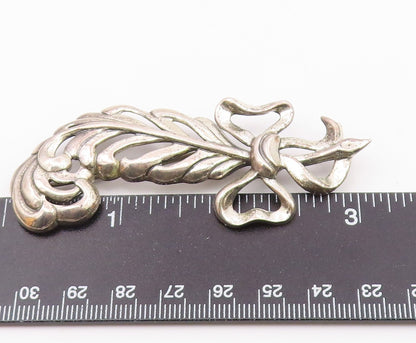 925 Sterling Silver  Vintage Shiny Bow Tied Ribbon Feather Brooch Pin  BP3641