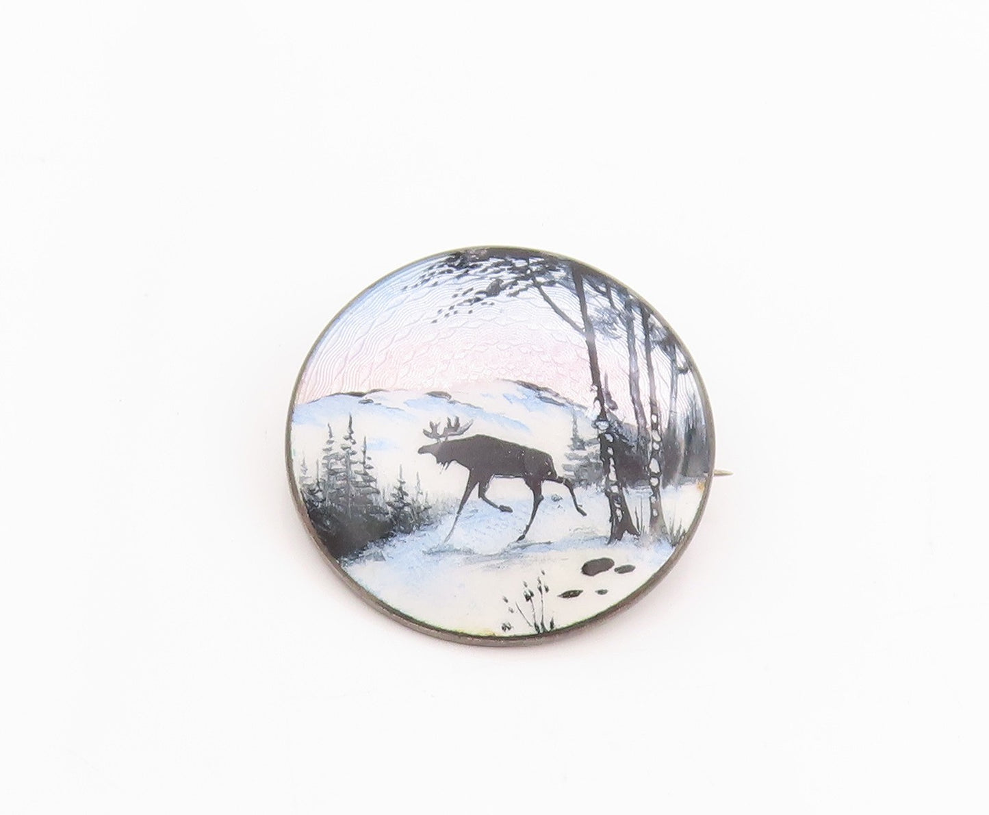 925 Sterling Silver Vintage Brooch NORWAY Enameled Moose Winter Scenery  BP11823