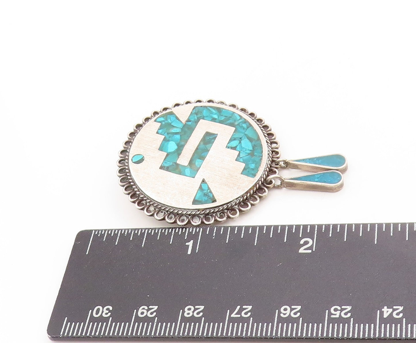 925 Sterling Silver Vintage Brooch MEXICO Aztec Crushed Turquoise Inlay  BP11858