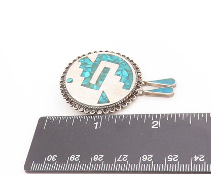 925 Sterling Silver Vintage Brooch MEXICO Aztec Crushed Turquoise Inlay  BP11858