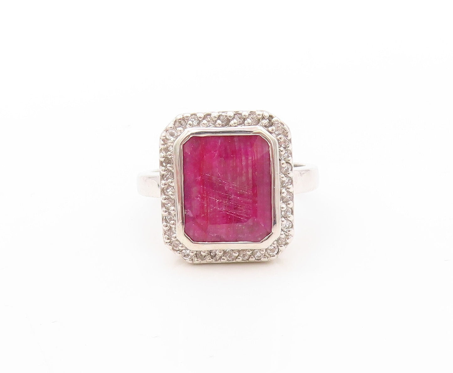 925 Sterling Silver Vintage Ring Rectangle Gemstone Halo CZ Frame Sz 9.5 RG30926