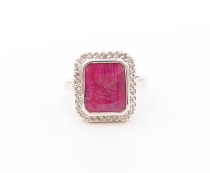 925 Sterling Silver Vintage Ring Rectangle Gemstone Halo CZ Frame Sz 9.5 RG30926
