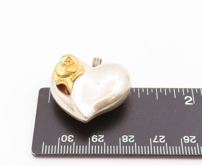 925 Sterling Silver Vintage Pendant GORHAM Two Tone Love Heart & Rose  PT25252