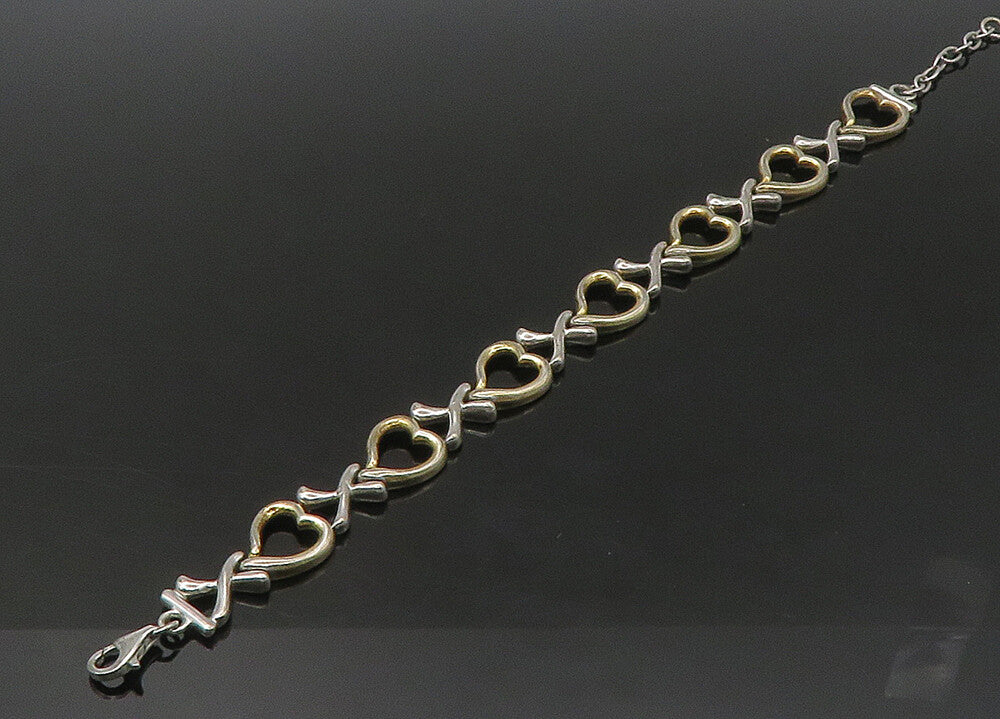 925 Sterling Silver  Vintage Two Tone Open Love Heart Chain Bracelet  BT8760