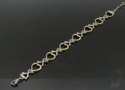 925 Sterling Silver  Vintage Two Tone Open Love Heart Chain Bracelet  BT8760