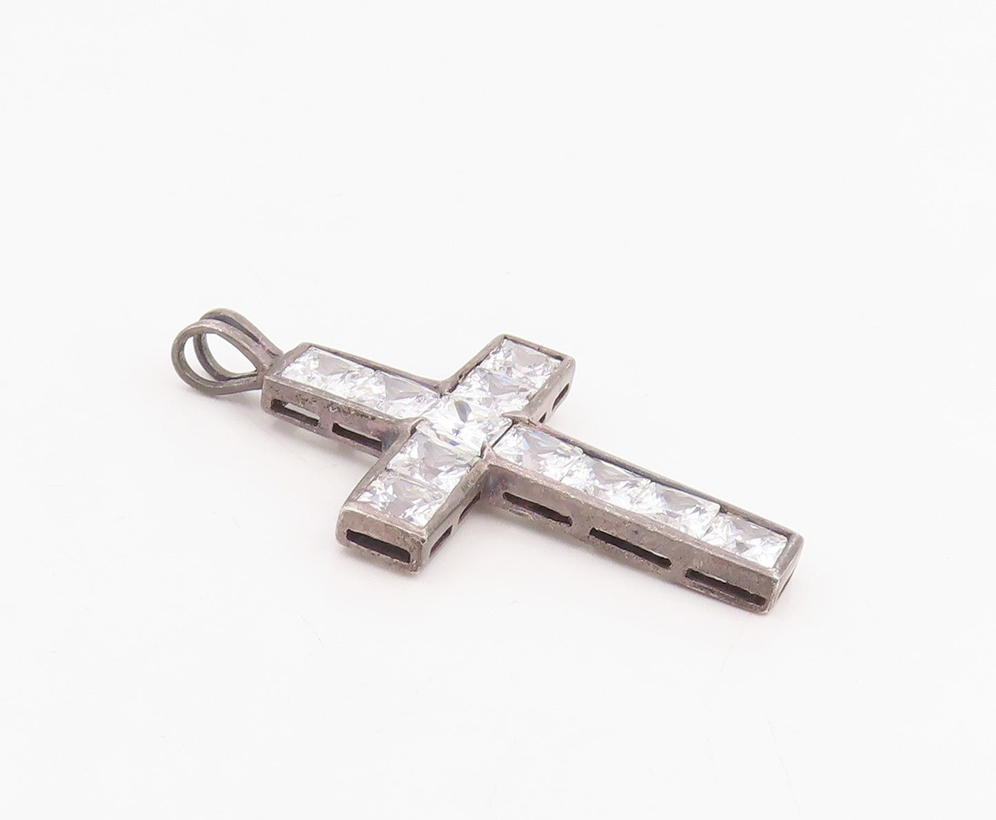 925 Sterling Silver Vintage Pendant CZ Geometric Square Religious Cross  PT25868