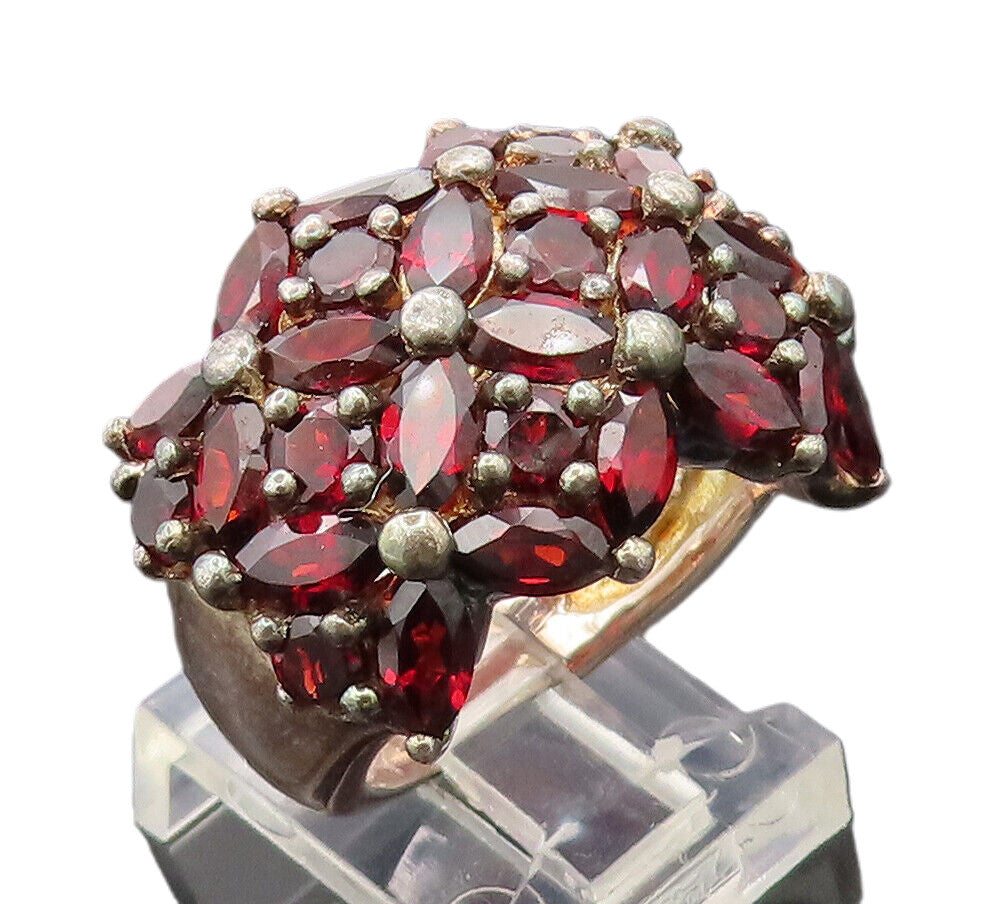 925 Silver  Vintage Red Topaz Beaded Flower Broad Band Ring Sz 7  RG27169