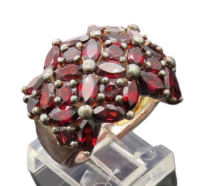 925 Silver  Vintage Red Topaz Beaded Flower Broad Band Ring Sz 7  RG27169