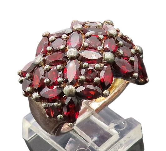 925 Silver  Vintage Red Topaz Beaded Flower Broad Band Ring Sz 7  RG27169