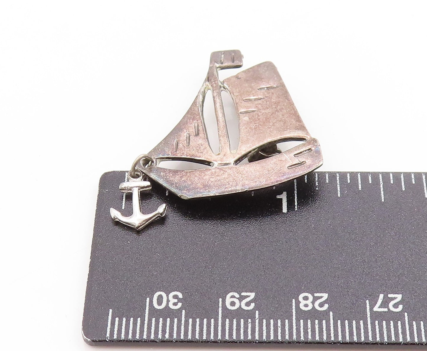 925 Sterling Silver Vintage Brooch Etched Sailboat With Dangling Anchor  BP11934