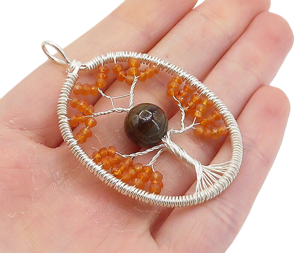925 Sterling Silver  Modernist Agate & Citrine Tree Of Life Pendant  PT6098