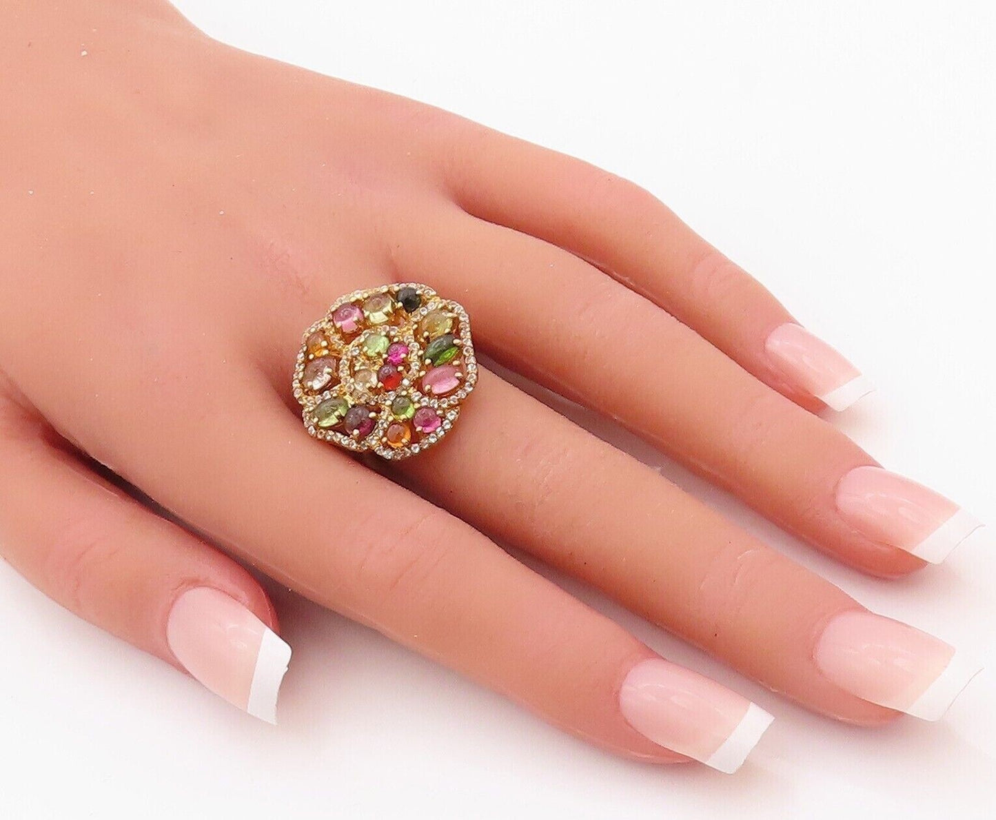 925 Sterling Silver Vintage Ring Gold Plated Cabochon Gemstones  Sz 7  RG29973