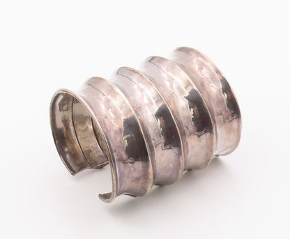 925 Sterling Silver Vintage Bracelet Modernist Solid Ribbed Wide Cuff  BT12136