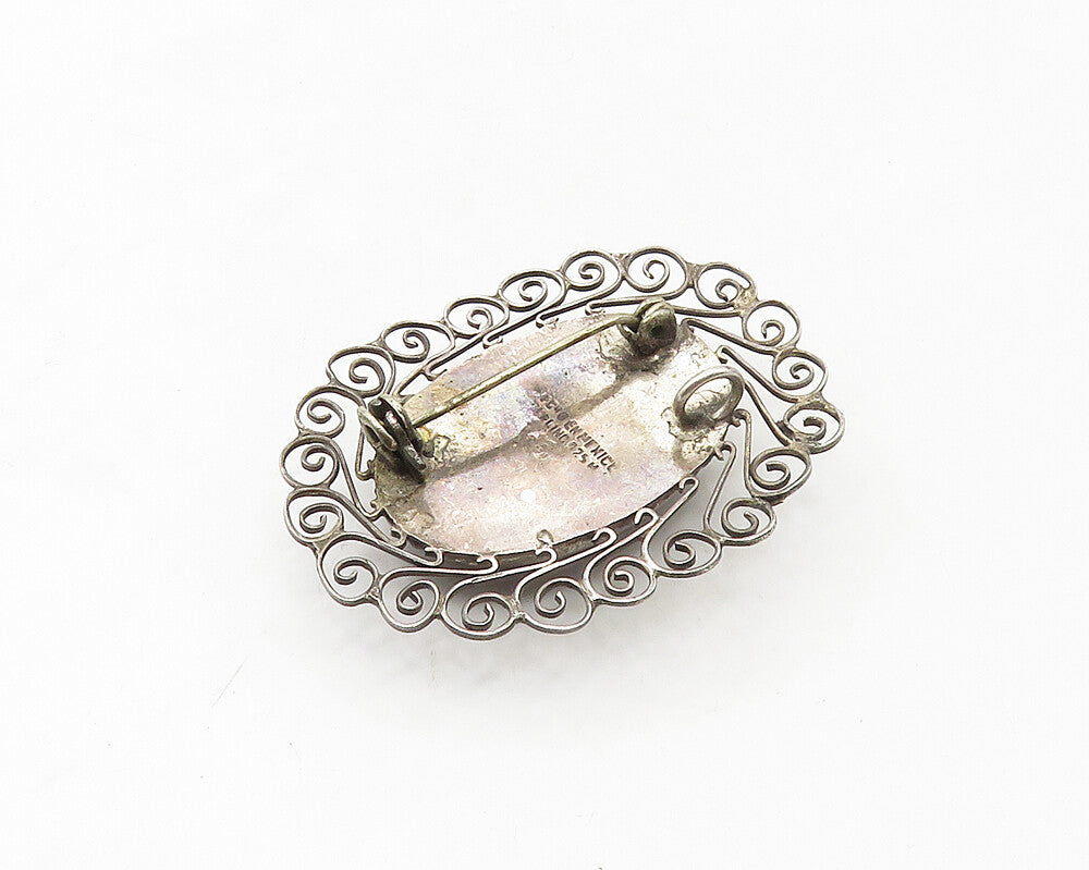 MEXICO 925 Sterling Silver  Vintage Cabochon Cut Black Onyx Brooch Pin  BP6743