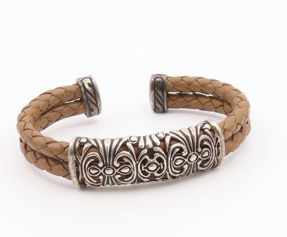 ESPO SIG 925 Silver  Vintage Brass Scroll Detail Leather Cuff Bracelet  BT9391