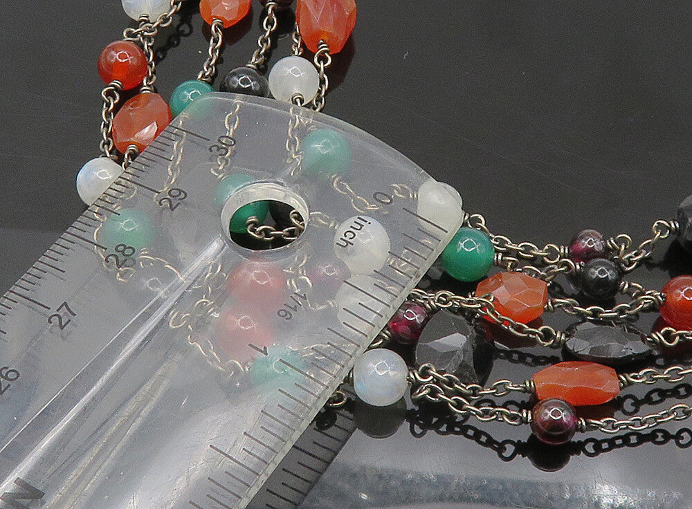 925 Sterling Silver  Vintage Onyx Carnelian & Moonstone Chain Necklace  NE3769