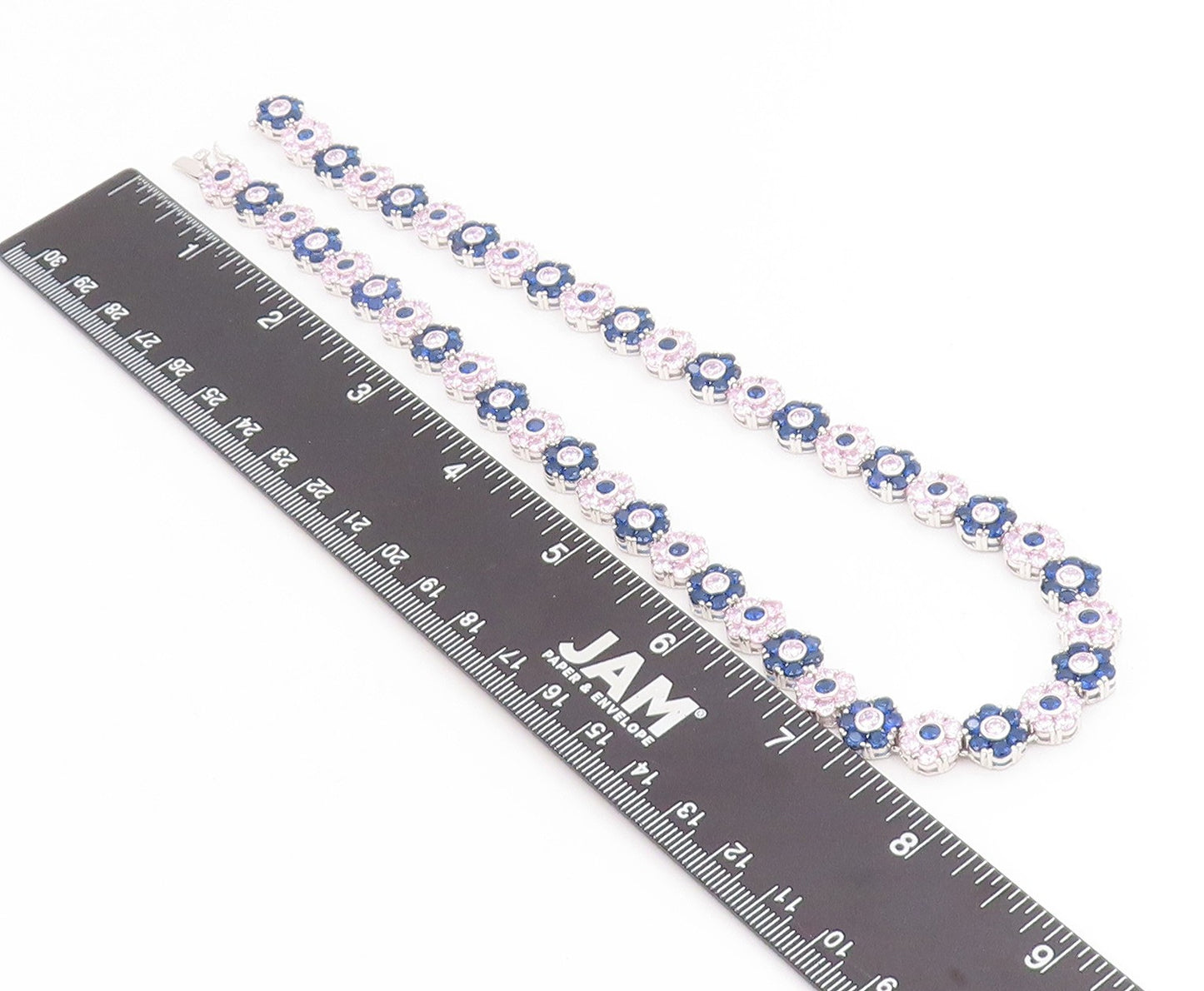 925 Sterling Silver Vintage Necklace Pink & Blue Topaz Floral Link Chain  NE4813