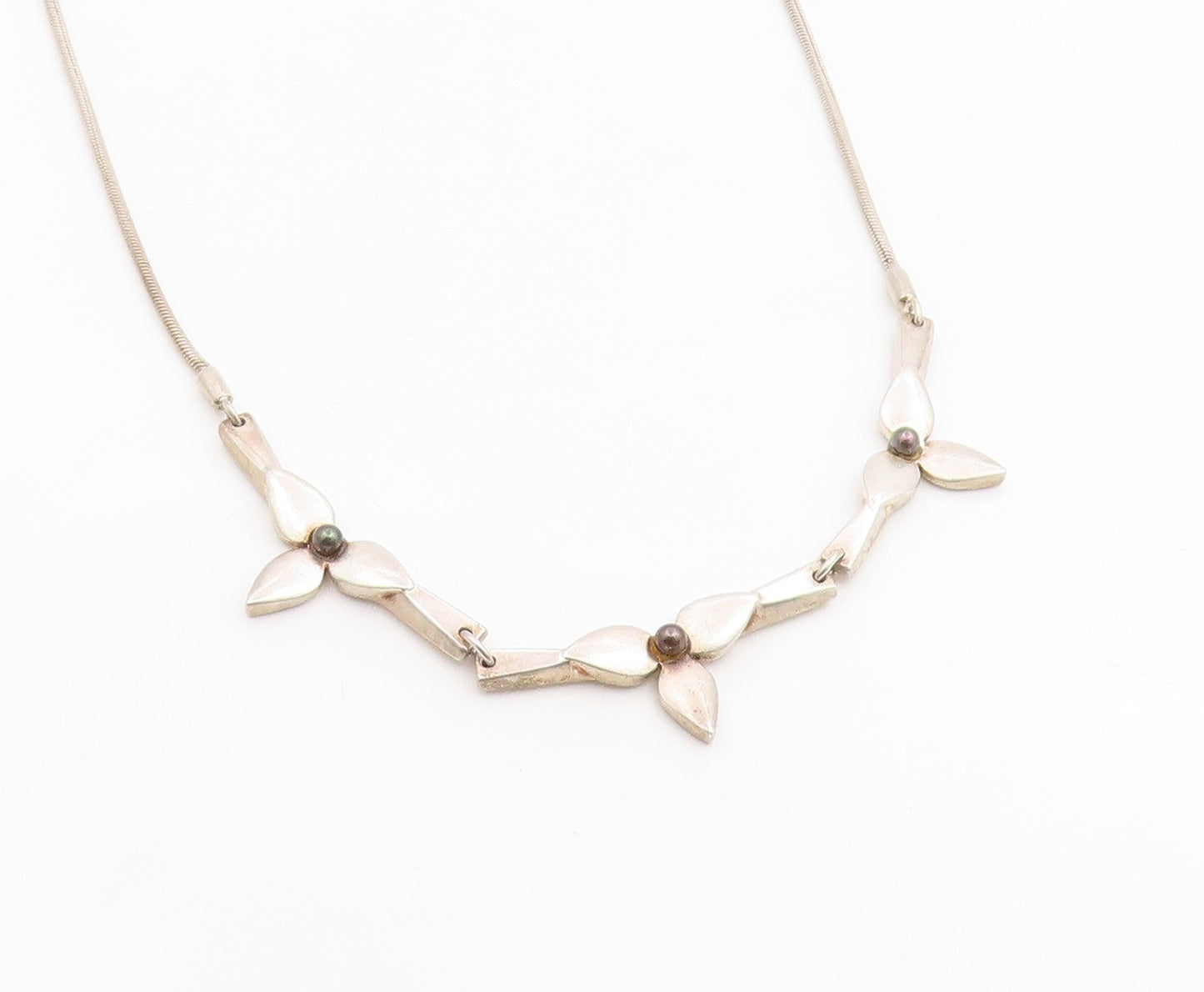 925 Sterling Silver Vintage Necklace Pearl Modernist Botanical Petal Link NE4859